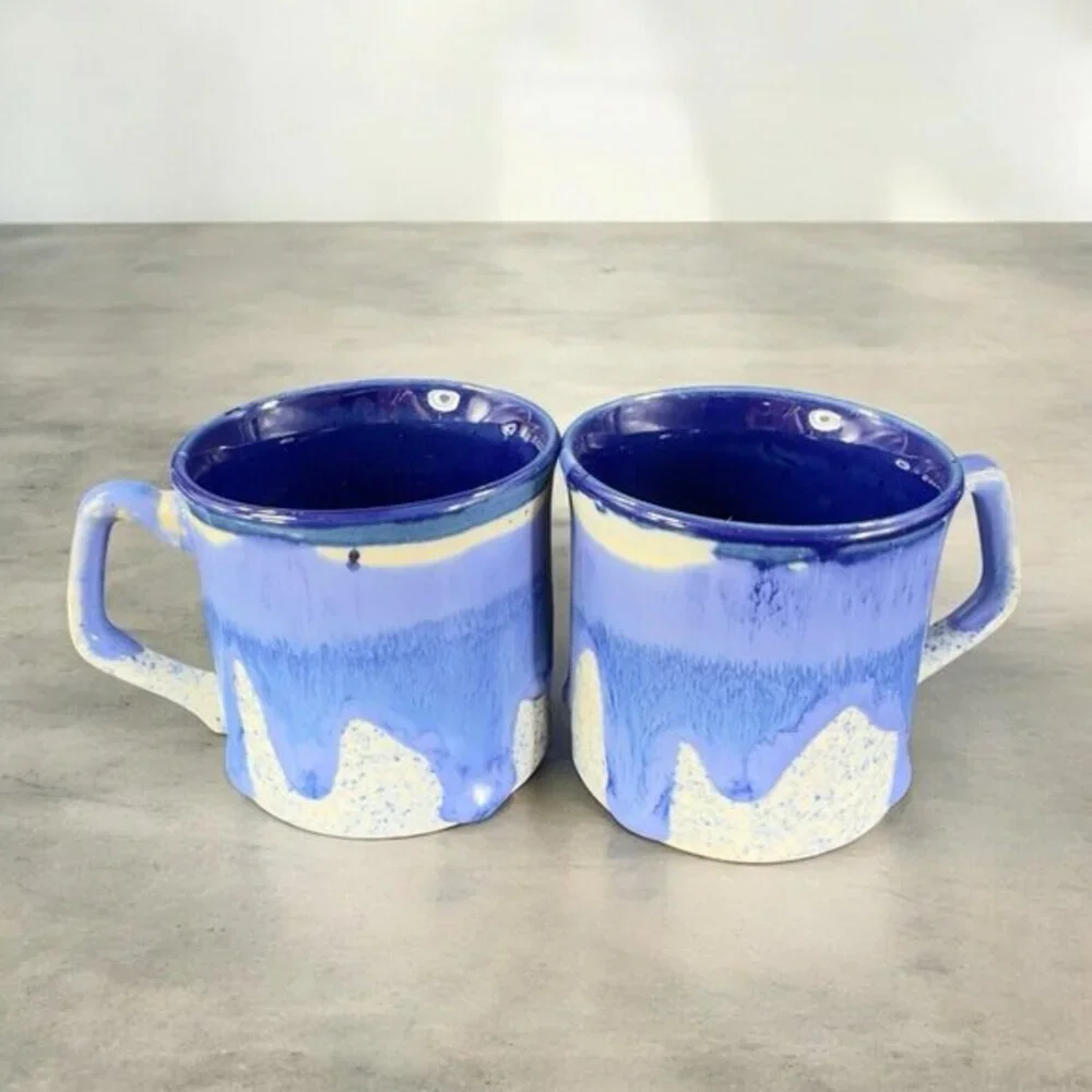 Vintage 1980s Blue Drip‎ Glaze Pottery Coffee Mug Cup Set 2 Hand Made Stoneware